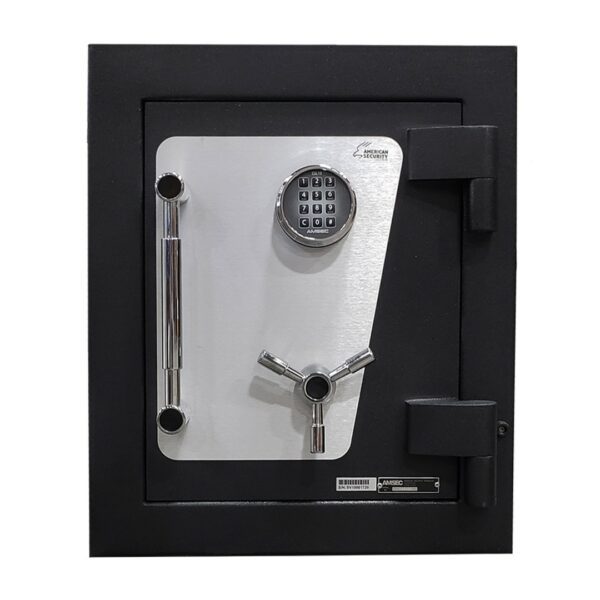 AMSEC CEV TL-rated high-security safe featuring robust steel construction, electronic keypad lock, and chrome-accented handle and locking bolts.