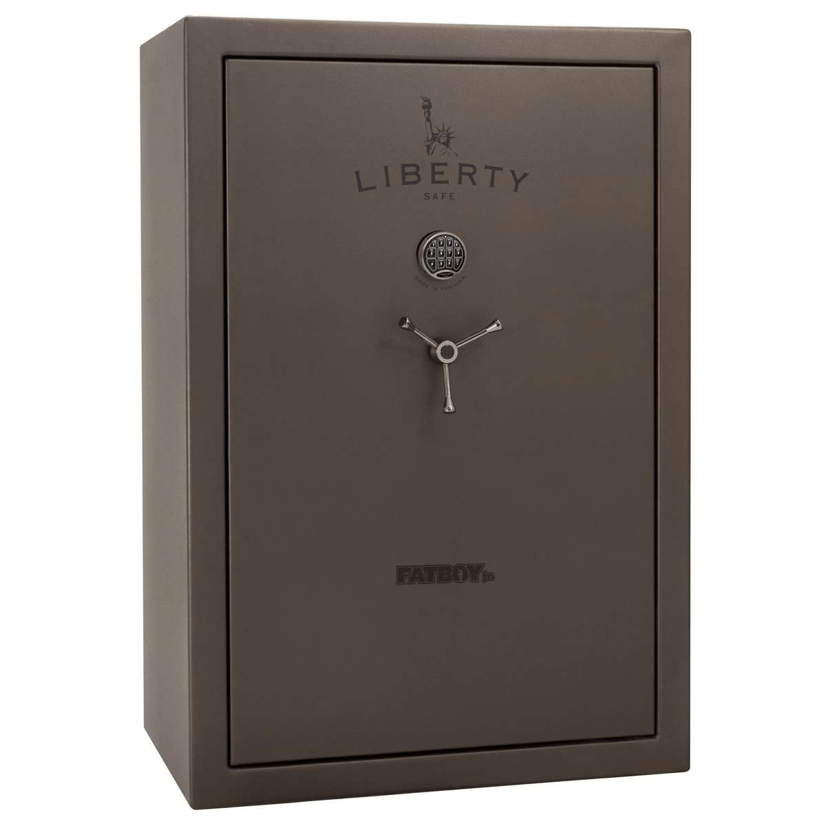 Liberty Fatboy Jr. gun safe in a bronze finish, door closed, underscoring a sturdy 12-gauge steel build and generous capacity.