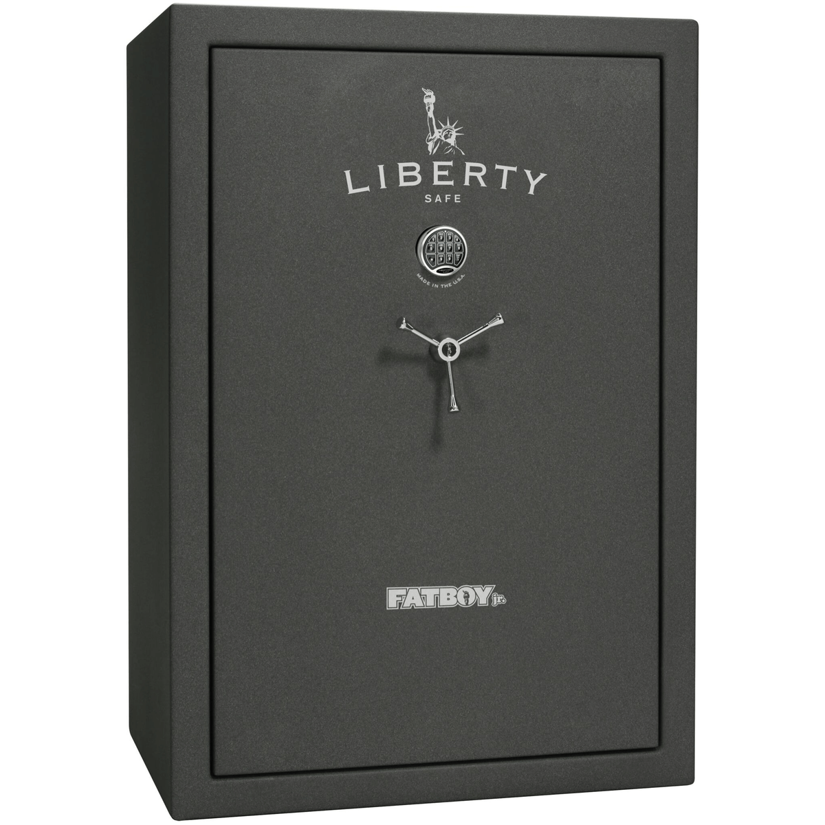 Liberty Fatboy Jr. gun safe in a granite finish, door closed, demonstrating a wide-body exterior and advanced security features.