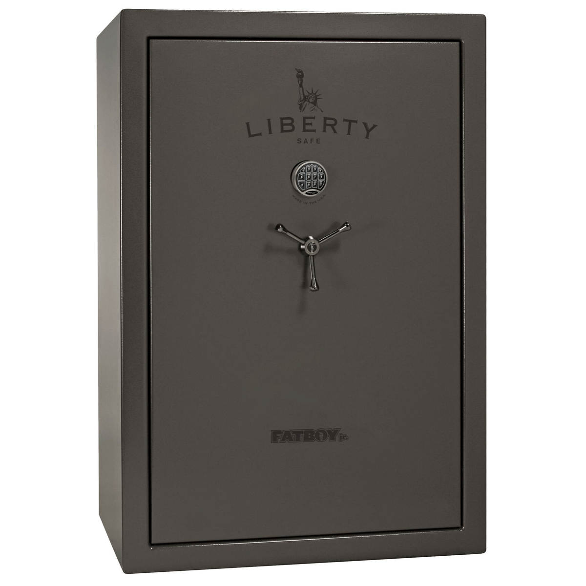 Liberty Fatboy Jr. gun safe in a gray marble finish, door closed, highlighting its robust steel body and spacious, high-capacity design.