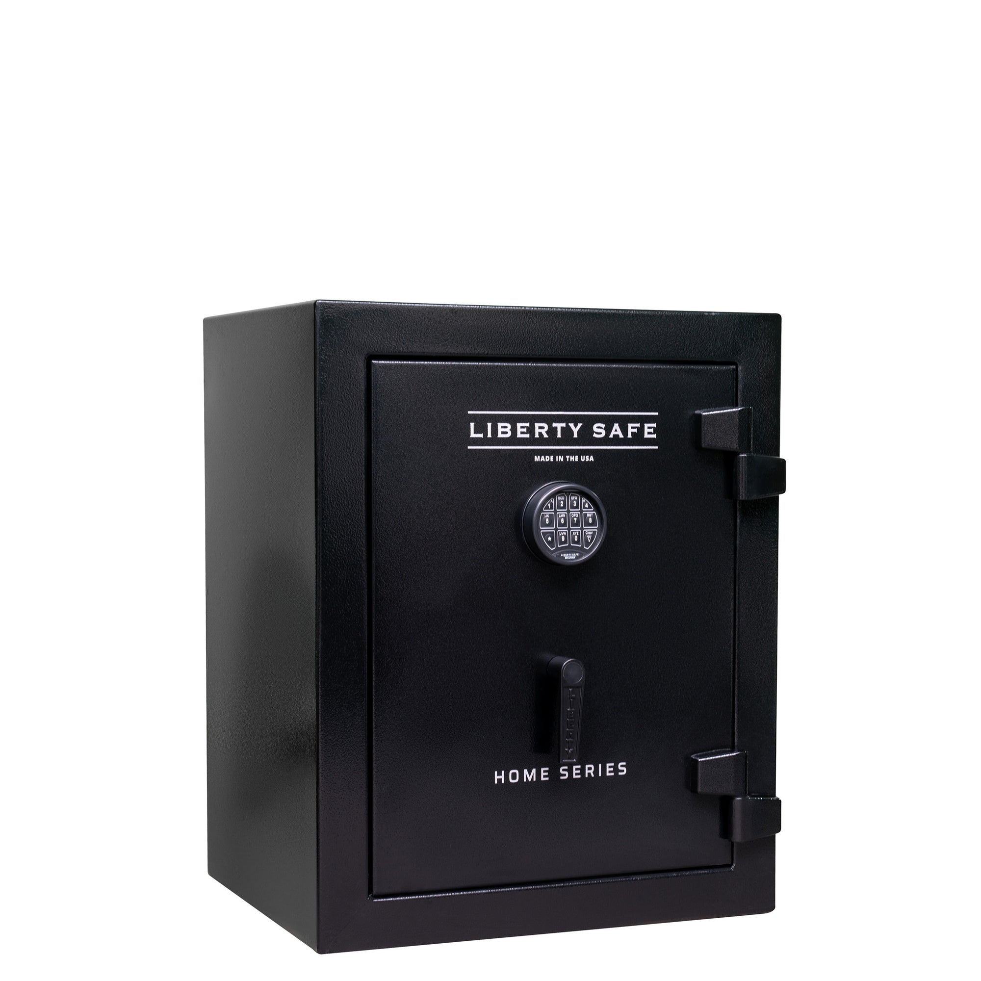 Liberty Home 8 safe in black finish, door closed, featuring a small footprint and level 2 security for discreet home storage.