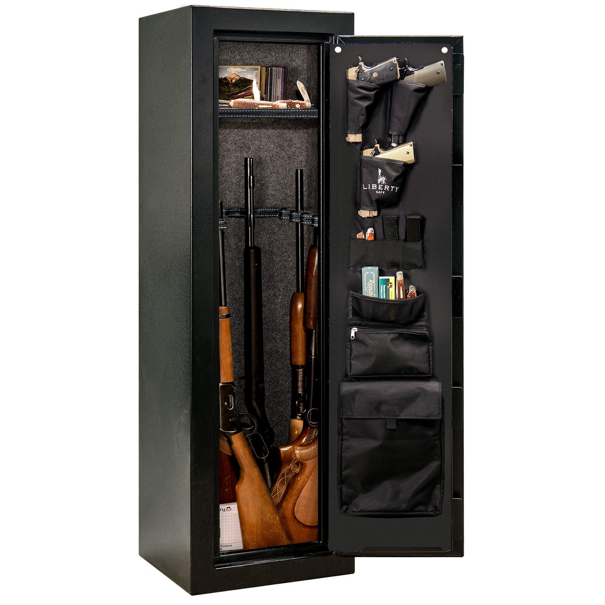 Liberty Safe Centurion 12 gun safe open, displaying interior shelving, door organizer pockets, and space for firearms and valuables.