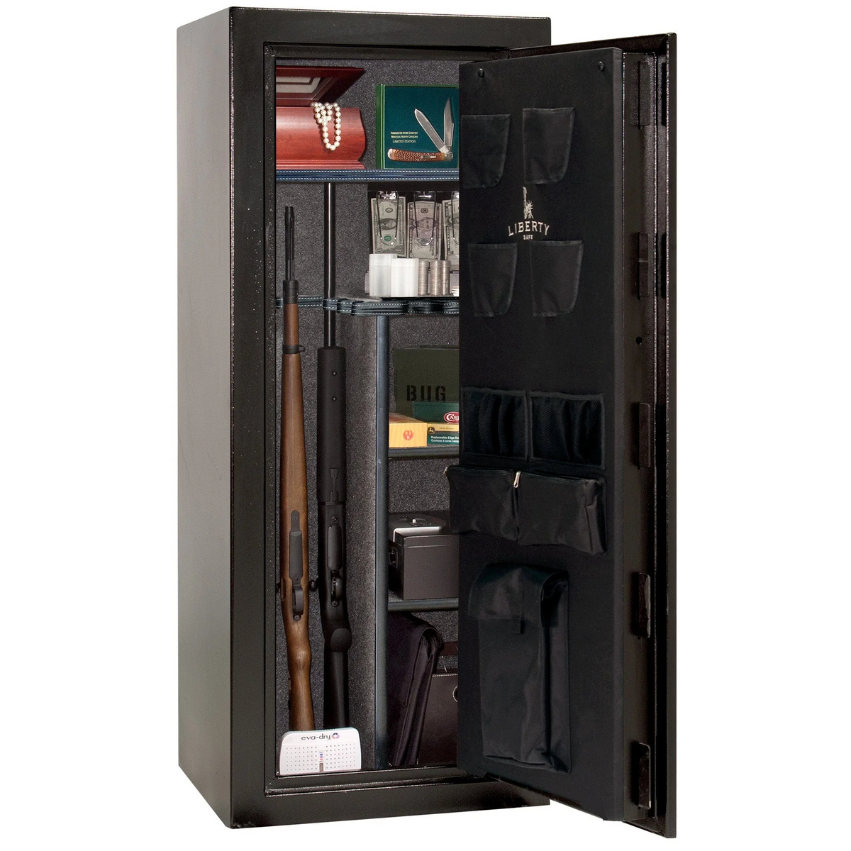 Liberty Safe Centurion 12 electronic lock gun safe open, displaying interior shelving, door organizer pockets, and space for firearms and valuables.