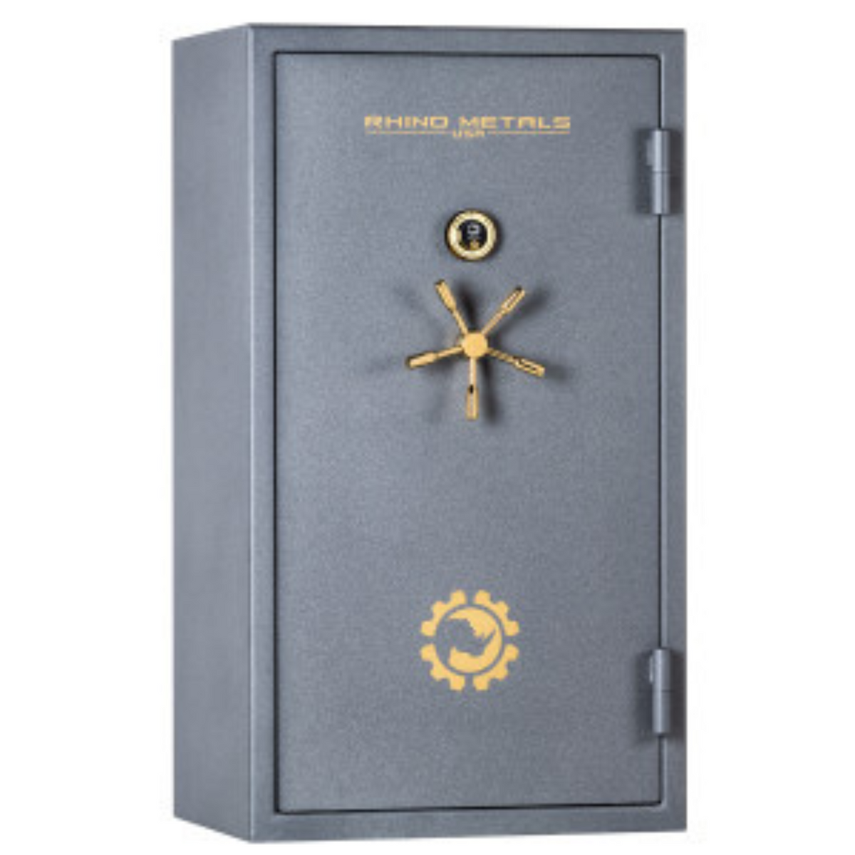 Rhino Metals Lightning 6033 gun safe with gold 5‑spoke handle, showcasing advanced SafeX® Security System and 120‑minute fire protection.
