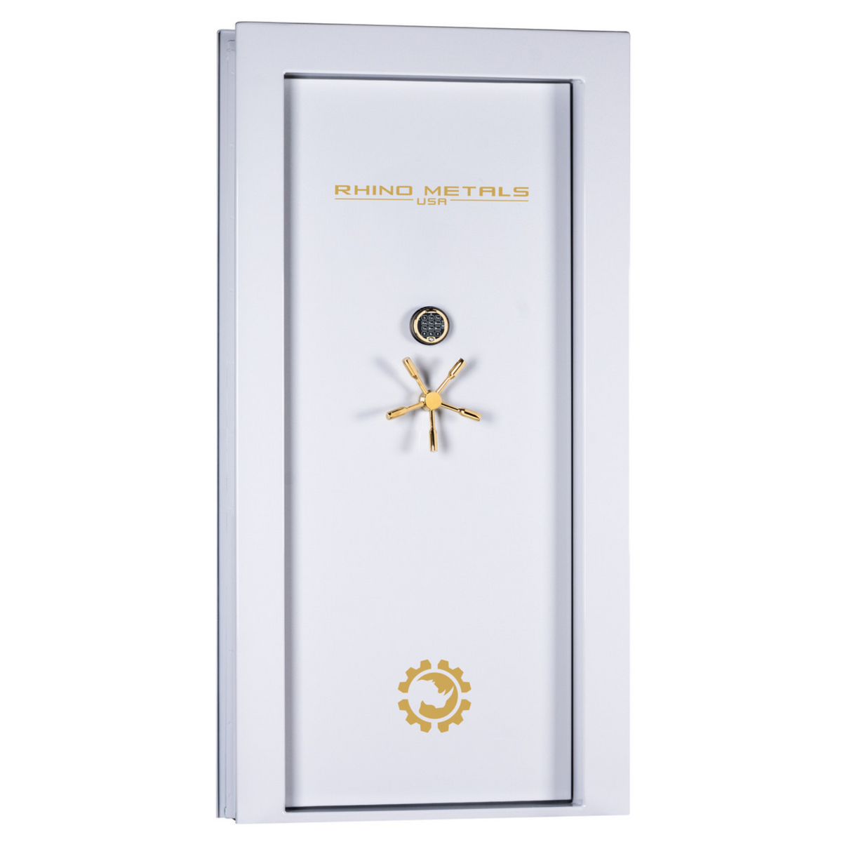 Rhino Metals in-swing vault door in a glossy white finish, showcasing a brass multi-spoke handle and reinforced steel frame for advanced security.